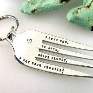 Vintage Fork Key Chain with Hand Stamped Message, hand stamped keychain, mom advice, stocking stuffer, Unique keychain image 5