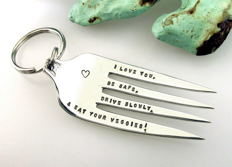 Vintage Fork Key Chain with Hand Stamped Message, hand stamped keychain, mom advice, stocking stuffer, Unique keychain image 5