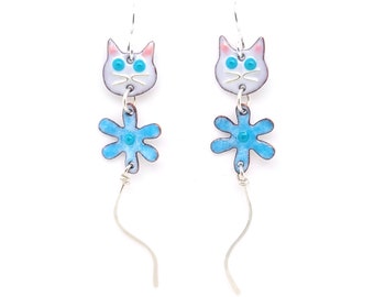 Cat Earrings, Cat Flower Dangle Earrings, Glass Enamel Earrings with Sterling Silver