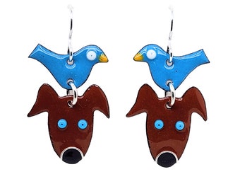 Bird Dog Earrings, Whimsical Glass Enamel Earrings, Gift for Dog Lover, Handmade Earrings