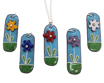 Colorful Flower Pendants, Fidget Necklace with Glass Enamel Flower