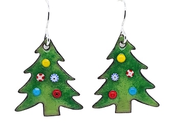 Christmas Tree Earrings, holiday jewelry, holiday earrings, Christmas jewelry, green glass enameled Christmas earrings