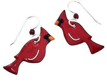 Cardinal Earrings, Handmade Red Bird Jewelry, Copper Enamel