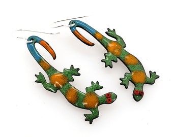 Lizard Earrings, whimsical and colorful enameled earrings by Kathryn Riechert