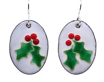 Holly Leaves w/ Berries Earrings, Enameled Holiday Jewelry, Christmas Earrings by Kathryn Riechert