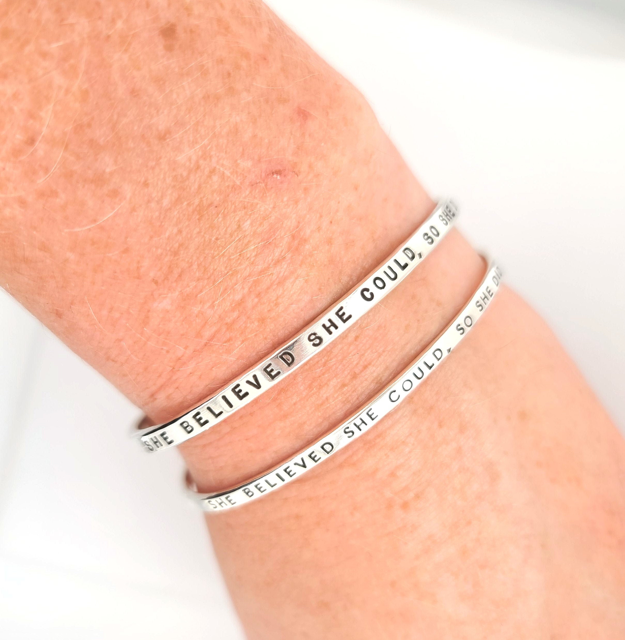 She Believed She Could, So She Did bracelet, thin sterling silver cuf…