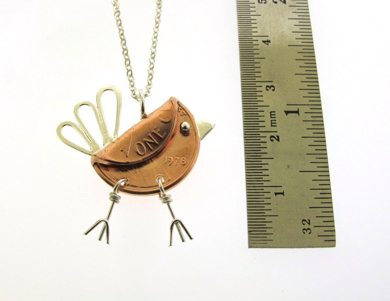 Penny Bird Necklace, sterling silver and copper penny, mixed metal bird charm, bird jewelry, coin pendant by Kathryn Riechert image 4