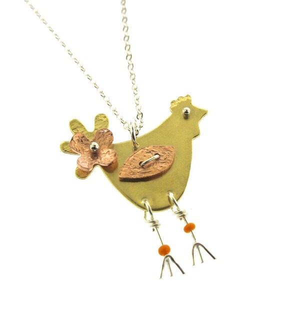 Chicken Necklace mixed metal pendant with copper sterling Etsy