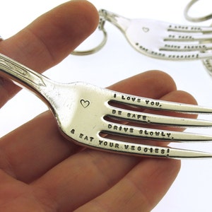 Vintage Fork Key Chain with Hand Stamped Message, hand stamped keychain, mom advice, stocking stuffer, Unique keychain image 3