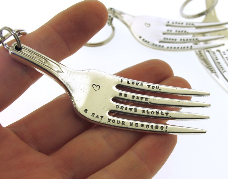 Vintage Fork Key Chain with Hand Stamped Message, hand stamped keychain, mom advice, stocking stuffer, Unique keychain image 3