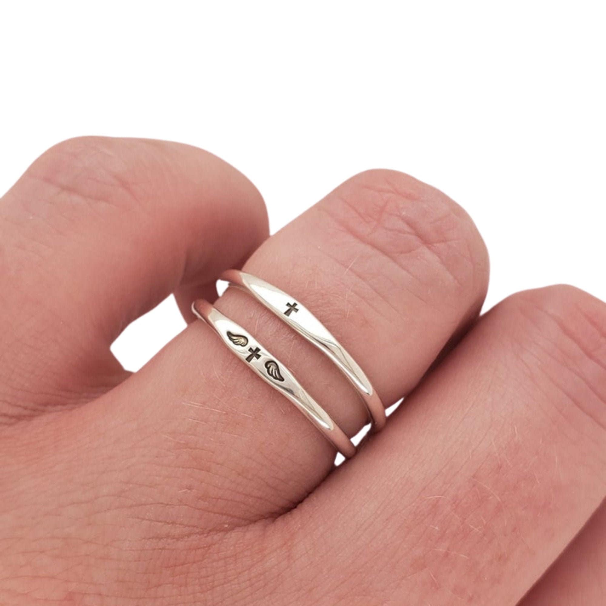 Tiny Cross Ring, Sterling Silver Cross with Angel Wings Stacking Ring