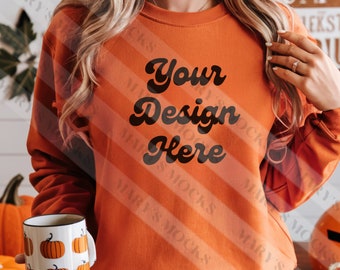 Halloween Gildan 18000 Mockup Safety Orange Halloween Mock Real Model Mockup Orange Gildan 18000 Sweatshirt Mockup Gildan Orange Mockup