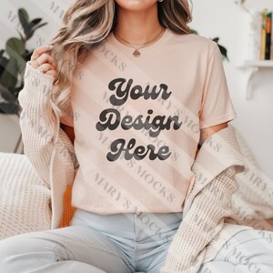 Heather Peach Bella Canvas 3001 T-Shirt Mockup, Boho Womens Shirt Mockup, Peach Tee Mockup, Casual Wear Peach T-Shirt Template, Model Mockup