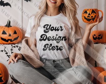 Bella Canvas 3001 Tshirt Mockup- Bella Canvas Camicia- Camicia Bianca Mockup - Camicia Mockup- Halloween Mockup - Autunno Mockup