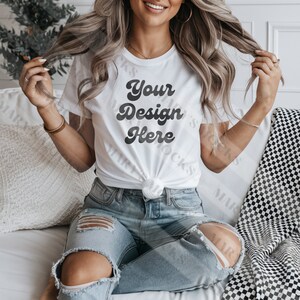Bella Canvas 3001 White Mockup, BC3001 Trendy Checkered Mock-Up, 3001 White Mockup, Simple Neutral Mock, White T-shirt Mockup, White 3001