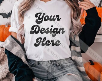 Bella Canvas 3001 Tshirt Mockup- Bella Canvas Camicia- Camicia Bianca Mockup - Spooky Mockup - Autunno Mockup - Halloween Mockup
