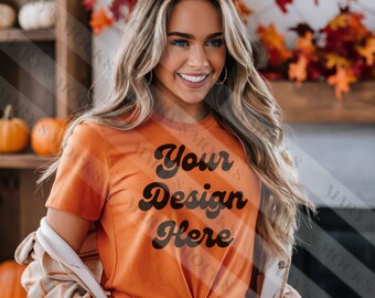 Bella Canvas 3001 Tshirt Mockup- Bella Canvas Shirt- 3001 Mock- Orange Shirt Mockup - Fall Mockup - Halloween Mockup - Orange Mockup