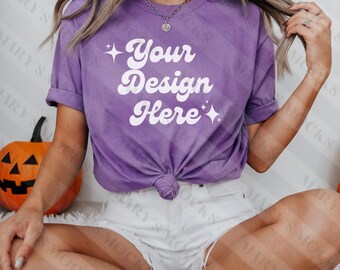 Bella Canvas 3001 Heather Team Purple Shirt Mockup | 3001 Purple T-shirt Mock-up | Real Model Mock | Fun Spooky Fall Halloween Styled Tshirt