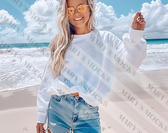 Gildan 18000 White Sweatshirt Mockup | G180 White Crewneck Mockup | Model Mock | Gildan 18000 White Sweater | Simple Natural Basic Mockup
