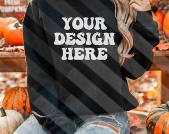 Gildan 18000 Mockup, Fall Mockup Gildan 18000, 18000 Black Mockup, Gildan Black Sweatshirt Mockup, Oversized Sweatshirt Mockup, Halloween