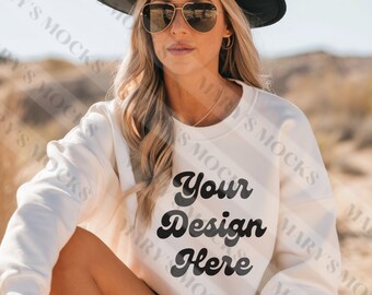 Gildan 18000 White Sweatshirt Mockup | G180 White Crewneck Mockup | Model Mock | Gildan 18000 White Sweater | Simple Natural Basic Mockup