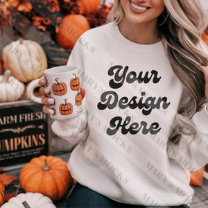 Gildan 18000 Sweatshirt Mockup - White Sweatshirt Mockup - Heavy Blend Sweatshirt - Model Mockup - Fall Mockup - Halloween Mockup
