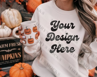 Maqueta de sudadera Gildan 18000 - Maqueta de sudadera blanca - Sudadera de mezcla pesada - Maqueta de modelo - Maqueta de otoño - Maqueta de Halloween
