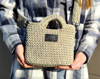 Mini Flax Crochet Bag, Crocheted bag, Unique crochet tote, Handcrafted handbag, Polyester cord crochet