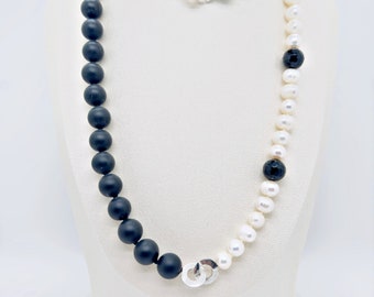 White Butter Jewellery, Necklace, Black & White, Freshwater Pearl, Black Agate, Sterling Silver Clasp, Handcrafted Knots, Long, Two Pieces