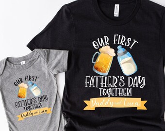 Our First Father's Day Matching Shirt And Bodysuit With Custom Names For Dad And Baby, Personalized Dad And Kid Shirts, Father's Day Gift