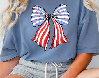 Comfort Colors® USA Bow Shirt, Patriotic Graphic Tee for Women, 4th of July Red White Blue Bow Tee, Cute America Summer Shirt