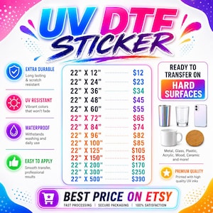 The image is an advertisement for UV DTF stickers, featuring a list of sizes and prices for various sticker options.