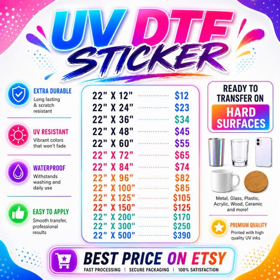 Custom UV DTF Sticker Gang Sheet Transfer, Permanent Durable Vibrant Uv Dtf, UV Dtf Stickers, Ready To Apply, Easy To Use, Uv Dtf Cup Wrap