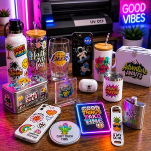 a collection of colorful and vibrant merchandise, including a water bottle, a glass, a mug, a phone case, a wallet, a keychain, a pen, a straw, a can, and a flask, all adorned with various stickers and designs.