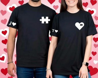 Comfort Colors® Couples Puzzle Shirts, Matching Valentine Shirts for Him and Her, Custom Initials Sleeve Tees, Cute Heart Puzzle Couple Gift