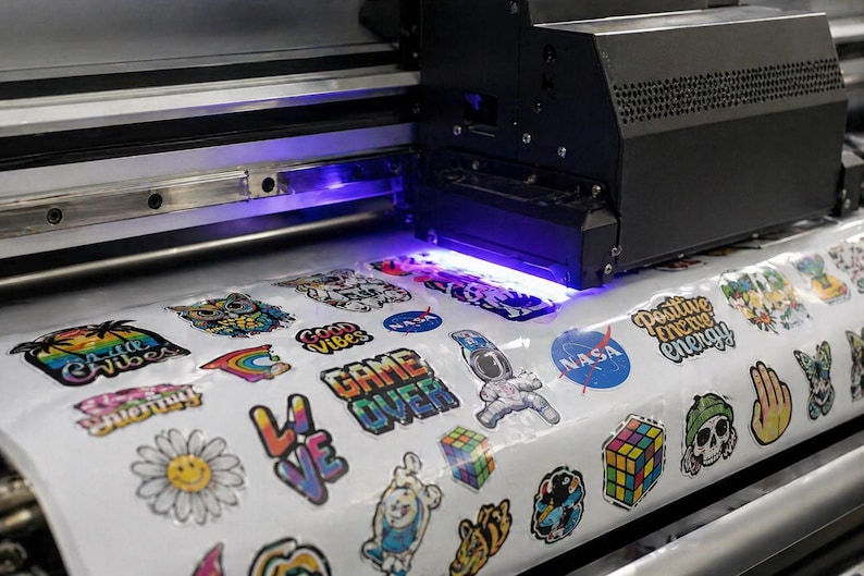 A close-up view of a sticker printer in operation, with various colorful stickers being printed on a roll of paper.
