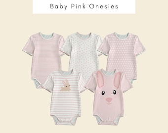 May include: Five pink baby onesies with different patterns. One has a striped pattern, one has a polka dot pattern, one has a small bunny graphic, and two have a larger bunny graphic.