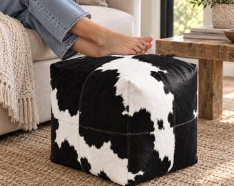 Black and White Cube Pouf, Cowhide-Style Ottoman Footstool, Unstuffed Square Rustic Home Decor