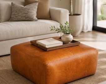 Leather Ottoman, Moroccan Pouf, Square Leather Coffee Table Footstool, Cognac Brown Unstuffed Cover