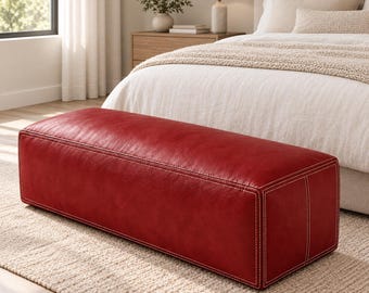Red Leather Ottoman Bench, Rectangular Pouf Cover, Unstuffed Footstool