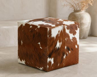 Cowhide Cube Ottoman, Brown and White Leather Pouf, Handmade Square Footstool, Hair on Hide Floor Seat, Unstuffed Cover