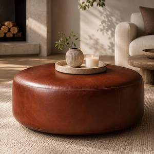 Op de afbeelding: Een grote, ronde, cognac-kleurige lederen poef met zichtbare stiksels. Bovenop staat een cirkelvormig, gespikkeld, lichtgekleurd dienblad met een geribbelde, lichtgrijze keramische vaas met groene takjes en een witte kaars in een glazen pot.
