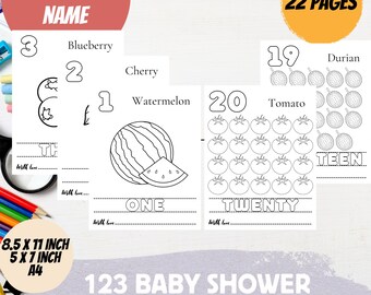 22 Pages Fruits 123 Baby Shower Coloring Book Counting Numbers Coloring Pages Baby Shower Activity Keepsake PDF