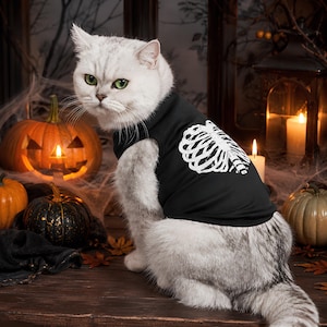 Skeleton Halloween Cat Shirt, Black Pet Tank Top, Spooky Kitten Costume, Cat Trick or Treat Outfit, Small Dog Halloween Clothes