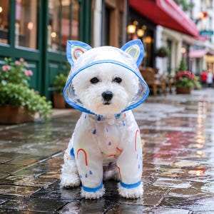May include: A white dog wearing a transparent raincoat with a hood featuring cat ears. The raincoat has a blue trim and a colourful pattern of rainbows and blue raindrops. The garment includes a front button closure and long sleeves for the front legs.