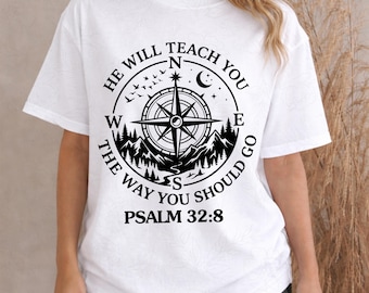 Comfort Colors Psalm 32:8 Christian Shirt, Compass Mountain Bible Verse Tee, Faith Based Scripture Gift, Inspirational Religious Apparel