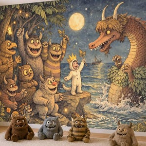 以下が含まれることがあります： 「Where the Wild Things Are」のシーンを描いた、気まぐれな壁画。マックスとワイルドシングスが登場。茶色、グレー、ストライプ模様のぬいぐるみモンスターが、壁画の前のラグの上に座っています。満月のある夜のシーンです。