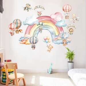 Rainbow Hot Air Balloon Wall Decal – Nursery Animal Wall Stickers – Baby Room Decor, Playroom Mural, Removable Vinyl