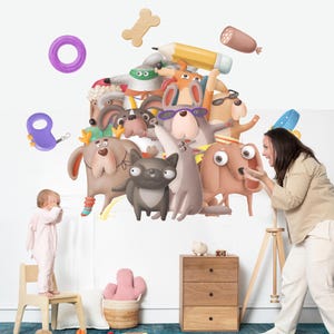 Adesivos de parede para cães, adesivos de parede para berçário, filhotes, arte de parede para sala de jogos, decoração de quarto infantil com tema de cachorro, decalque de vinil removível e fofo para cães, para crianças