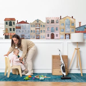 Watercolor Townhouse Wall Decal: European Building Mural, Kids Room Decor
